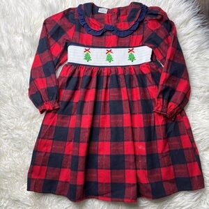 Red and Black Smocked Christmas Plaid Dress with Christmas Tree Embroidery